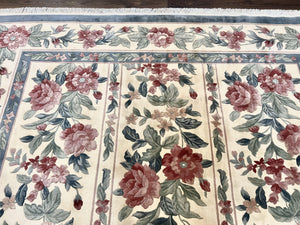 Chinese Wool Rug 8x11, Vintage 1960s Carpet, Cream and Teal, Floral Garden Panel, 8 x 11 ft Area Rug, Soft Handmade Room Sized 120 Line Rug