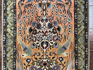 Very Fine Small Persian Isfahan Rug 2.6 x 4, Kork Wool on Silk Hand-Knotted Vintage Animal Pictorials Birds Vase, Signature Masterweaver, Orange