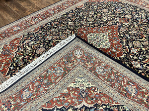 Indo Persian Rug 8x10, Floral Medallion, Vintage Handmade Wool Carpet, Navy Blue and Red, Fine 300 KPSI