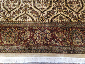 Vintage Indo Persian Area Rug 9x12, Wool Hand-Knotted Ivory & Dark Red Oriental Carpet, Fine Weave 9 x 12 Indian Rug, Dining Room Rug