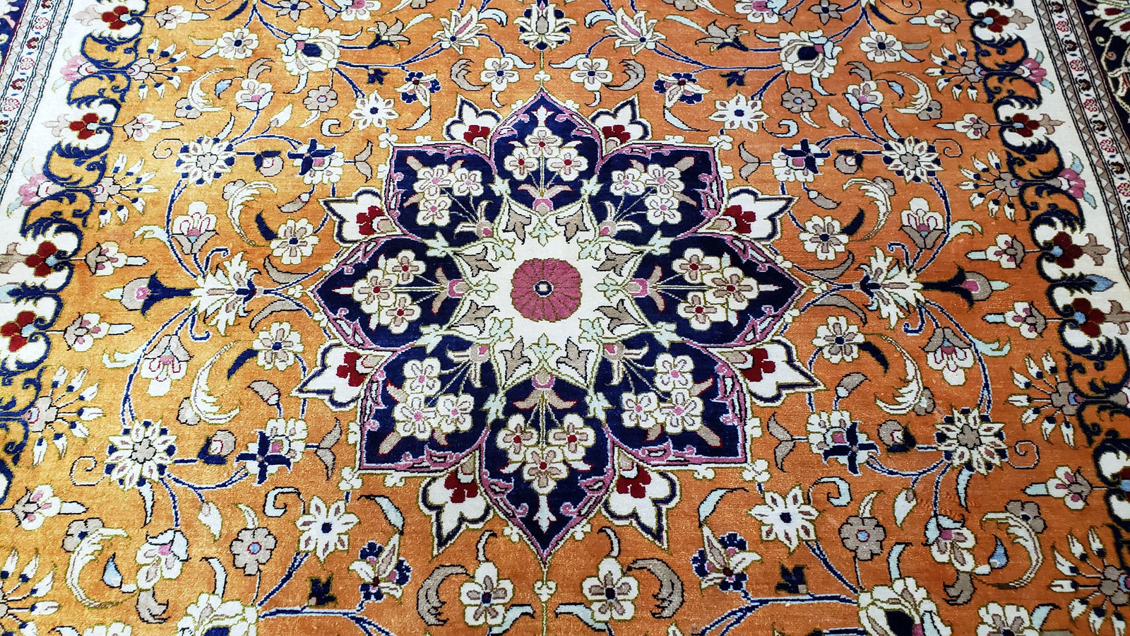 Vintage Persian Qum Silk Rug 4.6 x 6.7, Burnt Orange and Navy Blue, Antique Oriental Very Fine Signature Master Weaver 350+ KPSI Ghom Qom 5x7 Rug