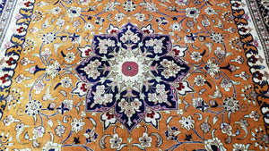 Vintage Persian Qum Silk Rug 4.6 x 6.7, Burnt Orange and Navy Blue, Antique Oriental Very Fine Signature Master Weaver 350+ KPSI Ghom Qom 5x7 Rug