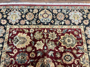 Indo Persian Rug 8x10, Wool Hand Knotted Vintage Carpet, Dark Red, Indian Mahal Rug, Agra Design, 8 x 10 Room Sized Oriental Rug