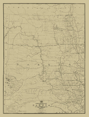 Vintage Post Route Map of Dakota Territory 1885