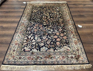 Silk Rug 4x6, Black and Cream, Floral & Bird Pictorials, Fine 330 KPSI, Sino Persian Rug