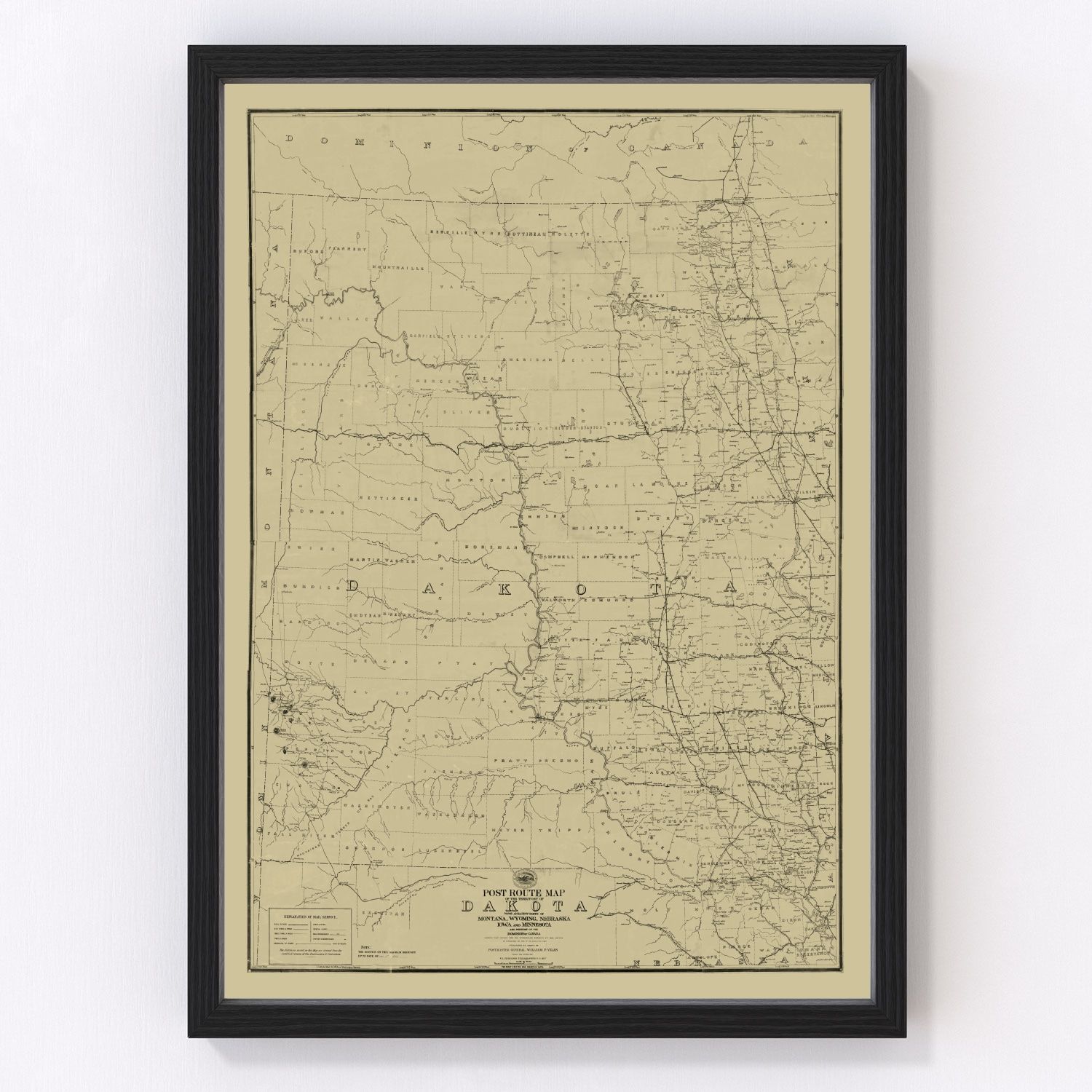 Vintage Post Route Map of Dakota Territory 1885