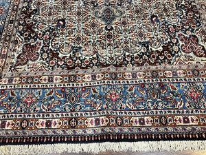 Persian Mashad Rug 7x10, Floral Medallion, Wool Hand Knotted Vintage Oriental Carpet, Blue & Ivory, Traditional Room Sized Rug