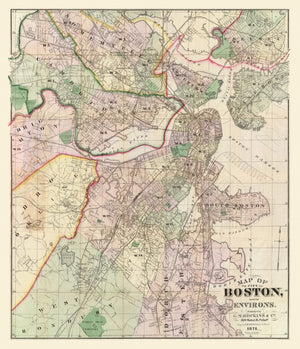 Vintage Map of Boston, Massachusetts 1874