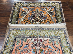 Very Fine Small Persian Isfahan Rug 2.6 x 4, Kork Wool on Silk Hand-Knotted Vintage Animal Pictorials Birds Vase, Signature Masterweaver, Orange