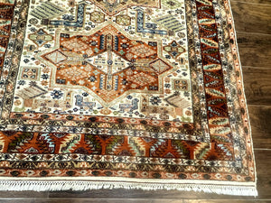 Turkish Kazak Rug 4x6, Geometric Medallions, Vintage Handmade Wool Carpet