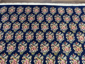 Persian Rug 9x12, Authentic Hand Knotted Carpet, Repeated Floral Motif Garden of Eden, Navy Blue Wool Rug 9 x 12, Semi Antique Kirman Rug