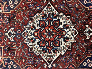 Persian Bakhtiari Rug 5 x 6.6, Tribal Geometric Carpet, Red Ivory, Handmade Wool Medium Sized Oriental Rug, Semi Antique Vintage