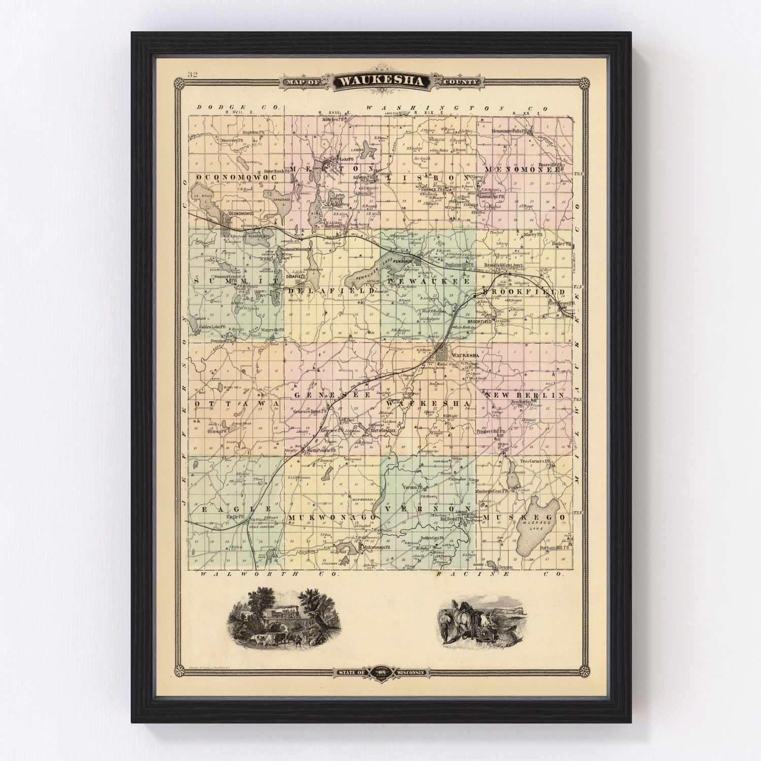 Vintage Map of Waukesha County, Wisconsin 1878