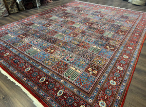Wonderful Persian Qum Rug 10x13, Panel Design, Fine 260 KPSI, Signed, Red Multicolor
