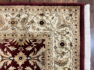 Vintage Indo Mahal Rug 8x10, Hand Knotted Wool Maroon & Beige Indian Agra Oriental Carpet, 8x10 ft Traditional Handmade Area Rug, Room Sized