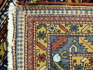 Colorful Persian Ardabil Rug 4x7, Red Blue Gold, Geometric Caucasian Design, Vintage