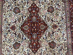 Persian Qum Rug 7x11, Beige and Red, Highly Detailed Floral Pattern, Fine 260 KPSI
