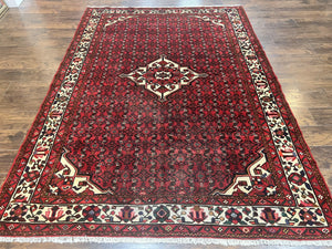 Persian Tribal Rug 7x10, Wool Handmade Semi Antique Vintage Hamadan Dargazine Carpet, Red & Ivory Allover Floral Medallion Rug, 7 x 10 Room Sized Oriental Rug