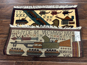 Afghan War Rug, Helicopters Tanks Guns, Handmade, Wool, 2x3