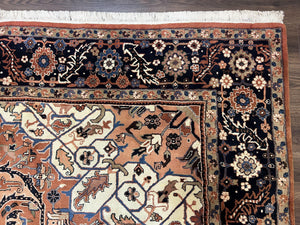 Indo Persian Heriz Rug 9x12, Geometric Medallion, Vintage Oriental Carpet, Handmade Room Sized Wool Heriz Serapi Rug, Red Navy Blue Cream