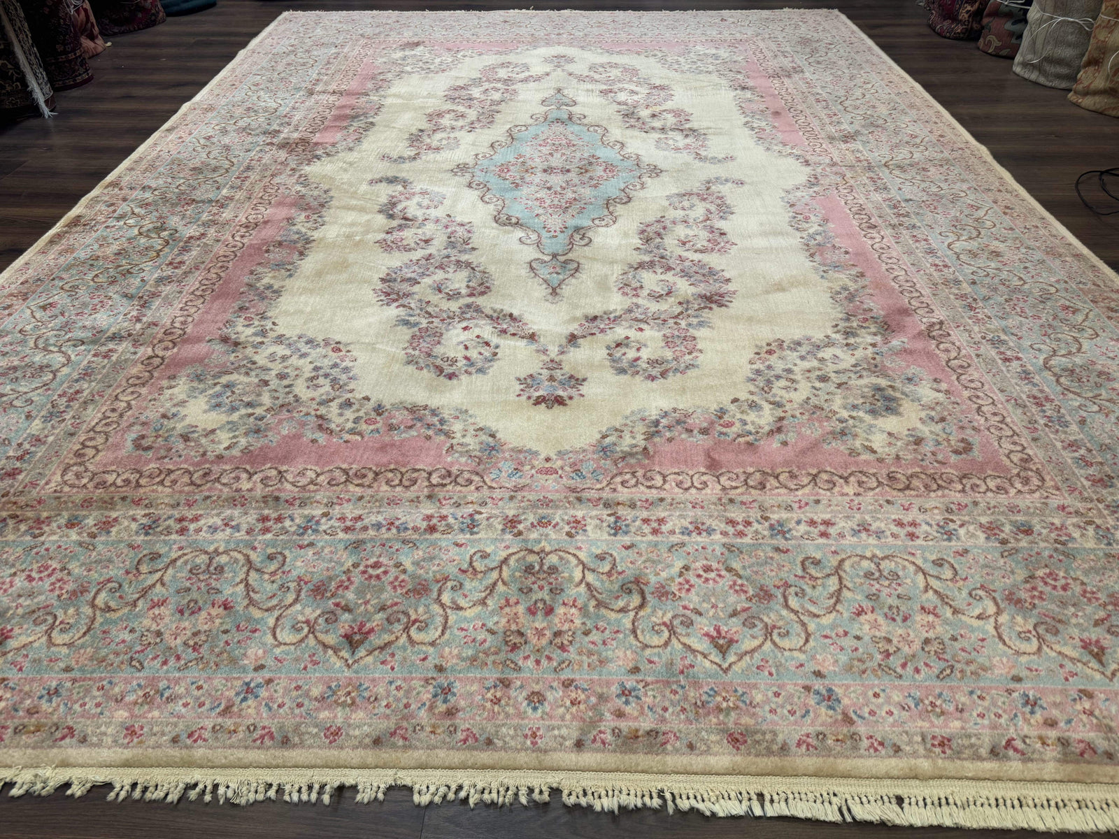 10x14 Karastan Kirman Rug #784 Pastel Ivory Kirman Medallion, Wool Antique Original 700 Series