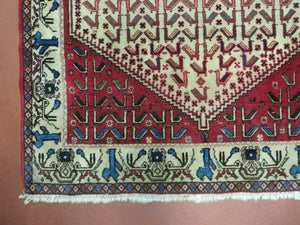 3' X 5' Vintage Handmade India Geometric Oriental Wool Rug Nice Birds Ivory Red