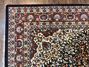Indo Persian Rug 9x13, Floral Medallion, Midnight Blue & Burgundy, Hand Knotted Vintage Room Sized Traditional Wool Oriental Carpet