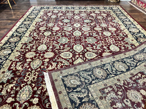 Indo Persian Rug 10x14, Floral Allover, Maroon, Handmade Hand Knotted VIntage Wool Rug, Large Oriental Carpet