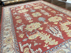 Indo Heriz Flatweave Rug 10x14, Indian Large Room Sized Carpet 10 x 14 ft, Red Green Floral Allover, Wool Handmade Vintage Oriental Rug
