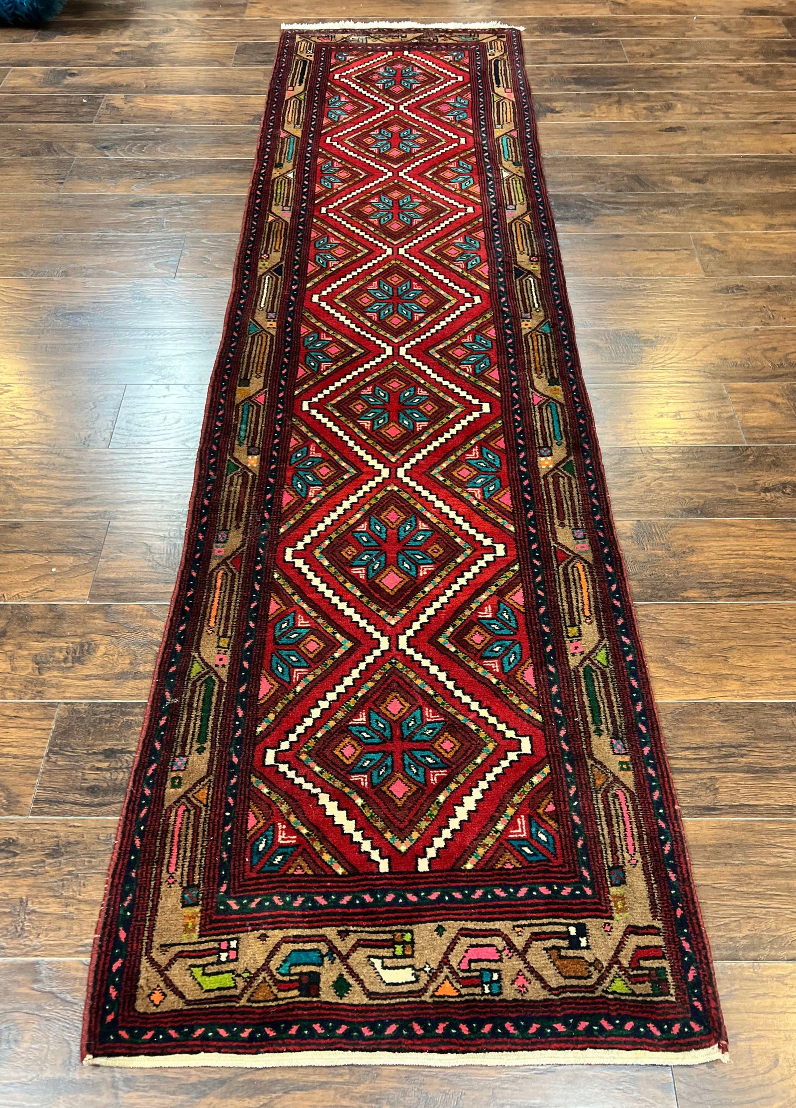 Persian Tribal Runner Rug 3x10, Red Camel Hair Navy Blue, Handmade Hand Knotted 10ft Wool Oriental Vintage Runner for Kitchen or Hallway, Persian Lilihan Hamadan Runner