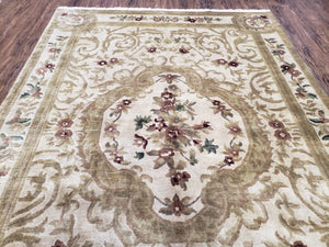 Vintage Nepali Tibetan Aubusson Rug 6x9, Wool Hand-Knotted Cream Beige Carpet, Leaves & Floral Pattern 6 x 9 Soft Area Rug Home Office Rug
