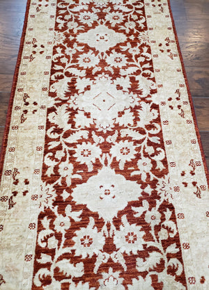 21 ft Runner Rug Long Hallway Runner, 3 x 21 Corridor Rug, Peshawar Pak Persian Chobi Agra Rug, Maroon and Beige Large Flowers Wool Handmade