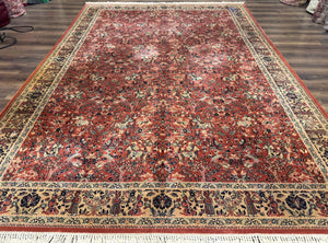 Persian Area Rug 8 x 11.6, Wool, Royal Hunting Scene, Vintage Couristan Rug, Red, Allover Pattern, Belgium Power Loomed