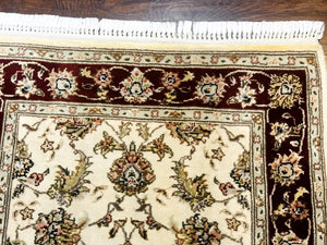 Pak Persian Runner Rug 2.8 x 8, Handmade Vintage Carpet, Beige and Maroon, Wool and Silk Highlights