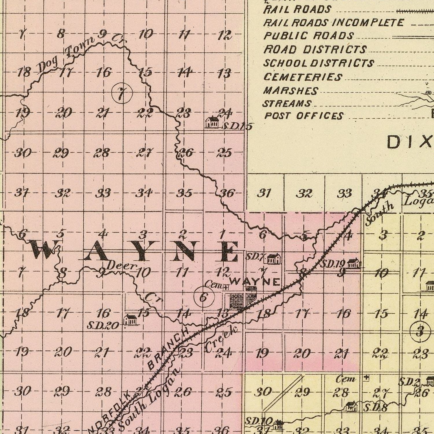 Vintage Map of Wayne County, Nebraska 1885