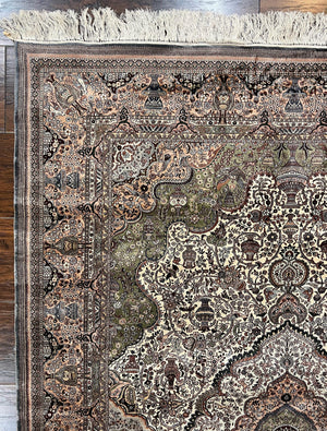 Very Fine Sino Persian Silk Rug 4x6, Floral Medallion, Hand Knotted, Silk Pile on Silk Foundation, Ivory, Vintage Handmade Oriental Carpet