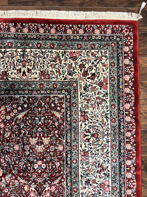 Pak Persian Rug 11x15, Wool & Silk Highlights Hand Knotted Vintage Carpet, Red Cream, Floral Allover, Oversized Kirman Rug