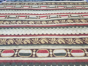Large Vintage Striped Rug, Handmade, Earth Tone Decor, Beiges Slate Gray Dark Red, Flatweave Indian Striped Carpet, Indian Kilim 10x14, Wool