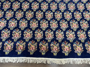 Persian Rug 9x12, Authentic Hand Knotted Carpet, Repeated Floral Motif Garden of Eden, Navy Blue Wool Rug 9 x 12, Semi Antique Kirman Rug