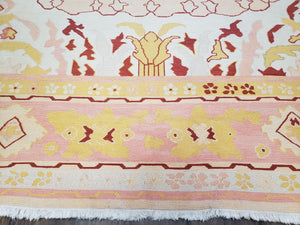 Large Turkish Kilim Carpet 10x14, Vintage Hand-Knotted Turkish Kilim Rug 10 x 14, Pink Cream Yellow Red, Decorative, Geometric, Unique