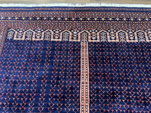 Pakistani Rug 8x11, Hand Knotted Wool Carpet, Navy Blue Red Beige, Four Season Hatchli Design, 8 x 11 Vintage Fine Oriental Rug, Room Sized