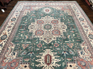 Indo Heriz Rug 9x12, Geometric Oriental Carpet, Room Sized Wool Handmade Hand Knotted Vintage Green and Cream Area Rug, Indian Rug 9 x 12
