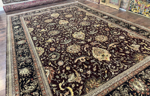 Indo Persian Rug 10x14, Floral Allover, Handmade Vintage Wool Rug, Dark Maroon/Plum and Black