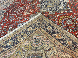 Wonderful Persian Qum Rug 10x14, Wool w/ Silk Highlights, Hand Knotted Semi Antique Vintage Carpet, Red, Floral, Fine Weave, Birds Deer Pictorials