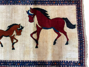 3.5 X 5 Handmade Hand-Knotted Quality Wool Pictorial Brown Horses Animal Rug