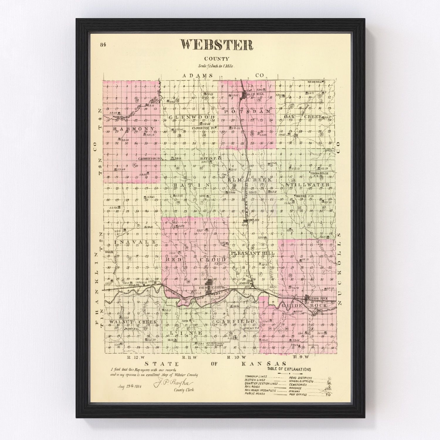 Vintage Map of Webster County, Nebraska 1885