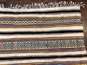 South American Kilim Rug 4x7 ft, Wool Handmade Vintage Carpet, Ivory Black Multicolor Stripes, Bohemian Blanket Rug, Flatweave Area Rug