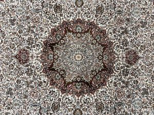 Silk Indian Kashmiri Rug 9 x 11 ft, Room Sized Silk Vintage Indo Persian Handmade Hand Knotted Fine Oriental Carpet, Ivory and Maroon