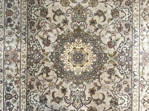 Pak Persian Rug 4x6, Floral Medallion, Beige, Wool and Silk Highlights, Vintage Handmade Rug