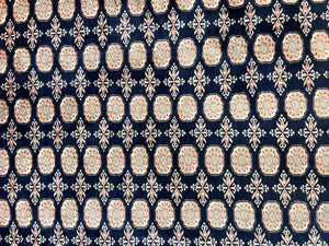 Pakistani Bokhara Rug 8x10, Turkoman Carpet, Dark Blue and Beige, Vintage Handmade Wool Carpet